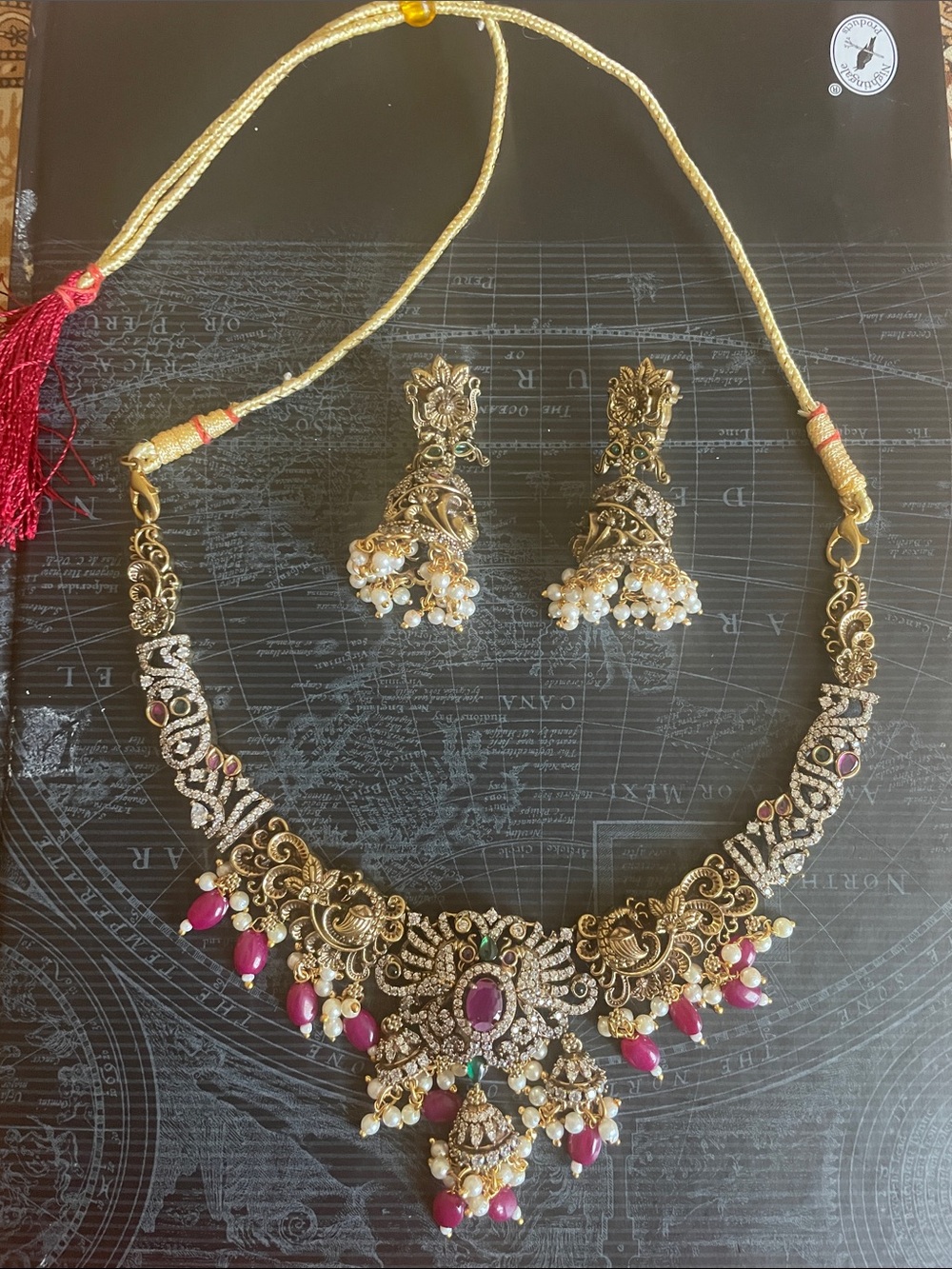 Gold-Tone Traditional Necklace Set with Pink and White Accents - Women Jewelry